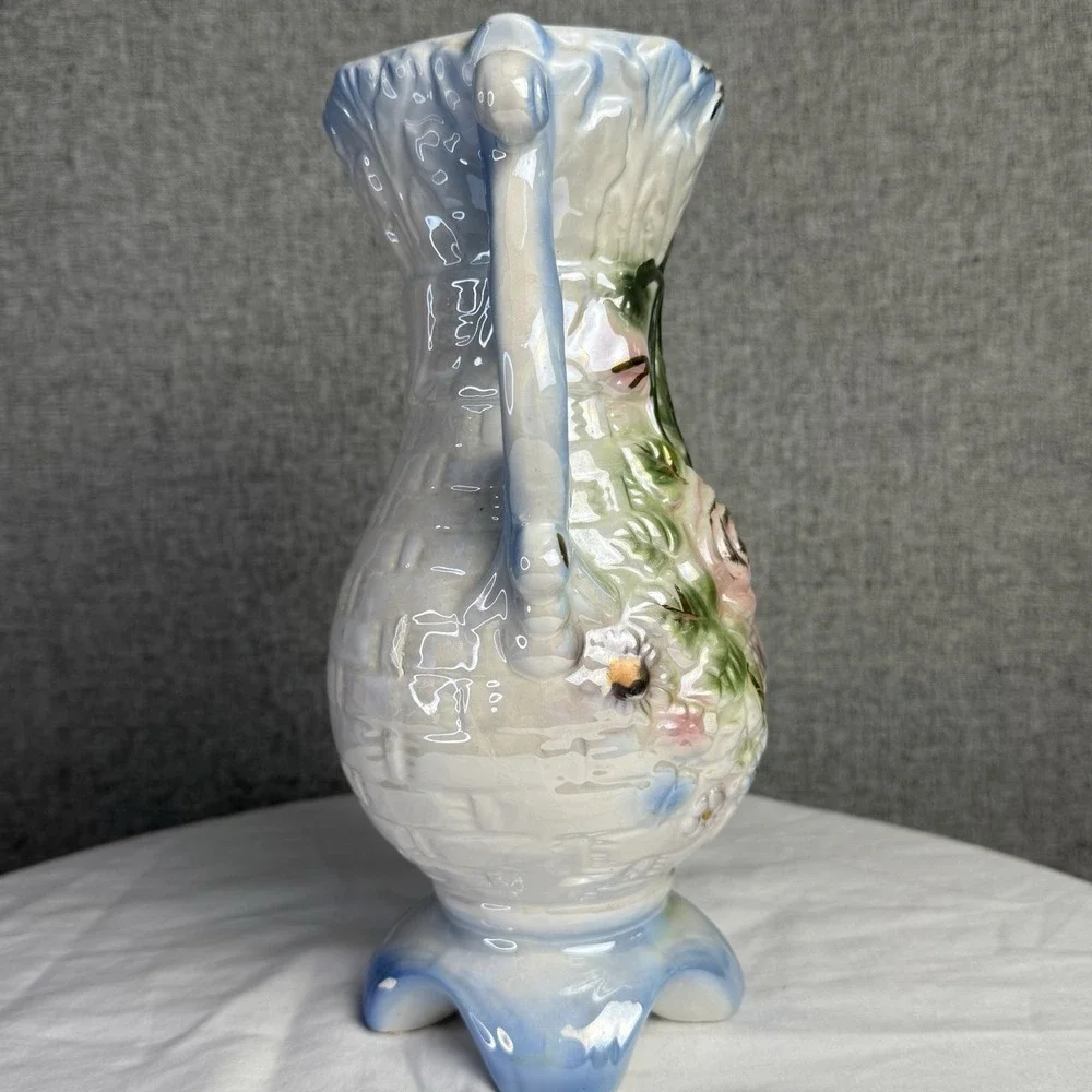 Vintage‎ Iridescent Hollywood Rococo Ceramic Dual Handle Floral Blue Pink Vase